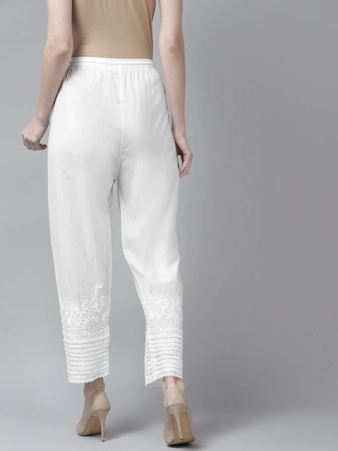 Ada Women Regular Low Rise Hand Enmbroidered Lucknowi Chikankari Pure Cotton Palazzo A711151 (White, S)