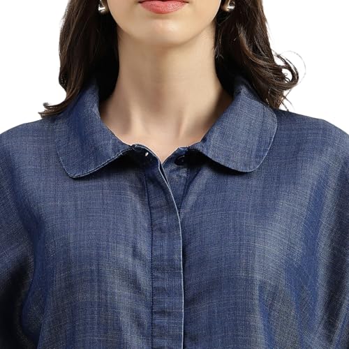 United Colors of Benetton Regular Fit Peter Pan Collar Solid Tencel Top (Size: XL) - 26P5TOPTNC02I902 Blue