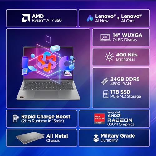 Lenovo IdeaPad Slim 5 AMD Ryzen AI 7 350, Copilot+ AI PC(24GB RAM/1TB SSD/14(35.5cm) WUXGA OLED/AI Now/50TOPS/Win 11/Office Home 2024/Backlit Keyboard/1Yr ADP Free/Grey/1.4Kg), 83HX001NIN AI Laptop
