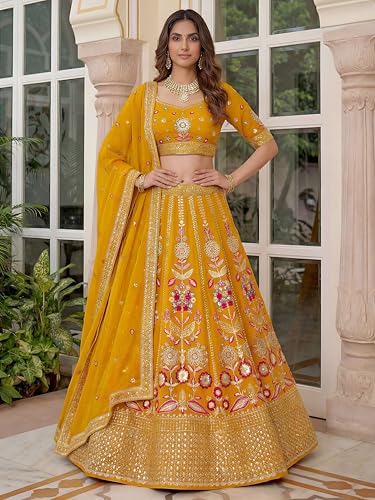Zeel Clothing Women's Sequins Thread Embroidered Georgette Lehenga Choli With Dupatta (6008-Yellow-Women-New-Lehenga-Choli; Free Size) (Yellow)