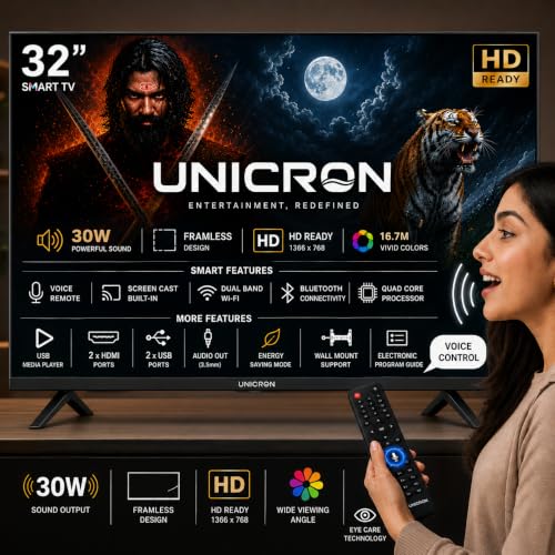 UNICRON 32 Inch Frameless Smart LED TV | Voice Control Android Smart TV | Bluetooth, WiFi, Screen Mirroring | HD Ready Display | HDMI, USB Connectivity | Smart Television for Home, Bedroom