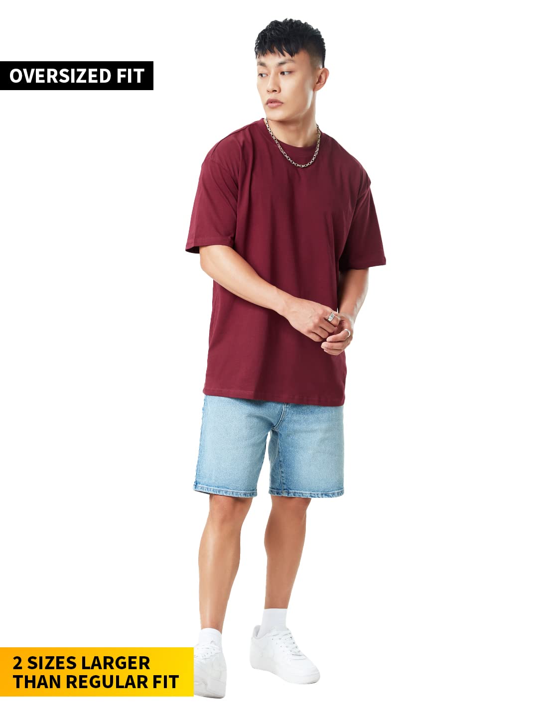 The Souled Store Men Basic Burgundy Solid Oversized T Shirts for Men Baggy Off-Shoulder Loose Fit Relaxed Drop Shoulder Half Sleeve Round Neck Back Printed