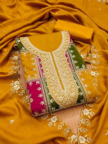 Leeli Peeri Designer Women's Vichitra Silk Embroidery Work Unstitched Salwar Suit Dress Material