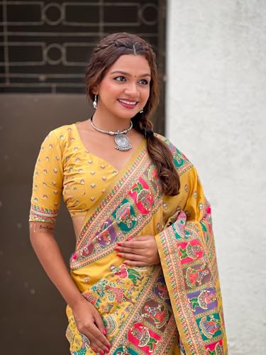 Pandadi Saree Women's Yellow Pashmina Kashmiri Silk Saree With Unstitched Blouse Piece