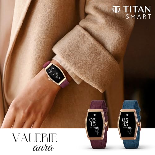 Titan Valerie Aura Women Smartwatch with 1.47” AMOLED Display,Crystal Studded Bezzel,Luna Wellness,UV/AQI Index,Animated Watchfaces,QR Hub,Stress Monitoring,Breathe Exercise,IP68- Wine Red