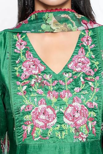 W for Woman Green Printed Chanderi Flared Kurta, Straight Pant and Dupatta Set (Size: M)-WS12961-125861