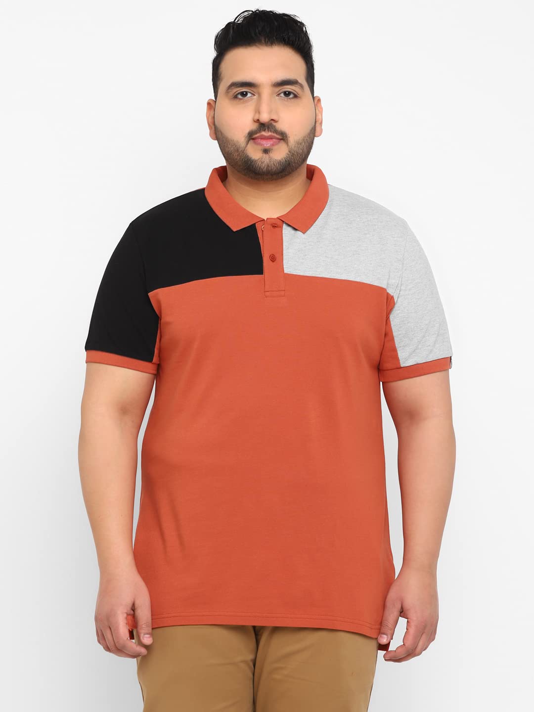 Urbano Plus Men's Orange, Black, Grey Melenge Colour-Block Regular Fit Half Sleeve Cotton Polo T-Shirt (pluspolocbp-027-Orangeblagrem)