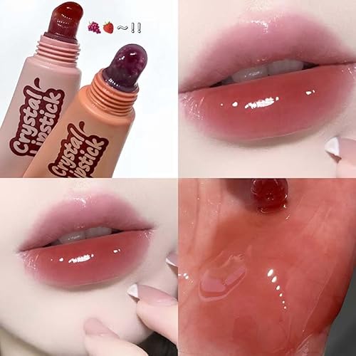 Cappuvini Crystal Lip Glaze | Transparent Jelly Texture | Long Stay with Lip Care Benefits | Adorable Keychain Packaging | Long-Lasting Lip Glaze with Glossy Finish | Light Pink & Purple Shades for Women | Korean Style Makeup for Girls & Teens (01# Strawb