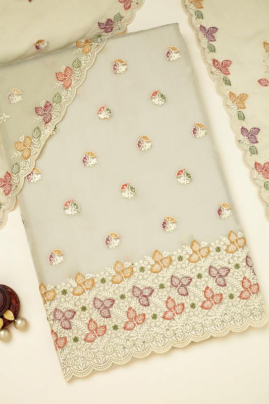 Soch Womens Olive Crinkle Chiffon Embroidered Unstitch Dress Material With Sequins