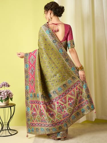 AKHILAM Women's Olive Viscose Silk Ethnic Motif Printed Saree With Unstitched Blouse Piece (MSTANI154B_HS)