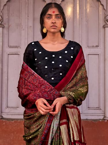 SAREE MALL Women's Olive Viscose Silk Ajrak Printed Saree With Unstitched Blouse (JOGAN102_HS)