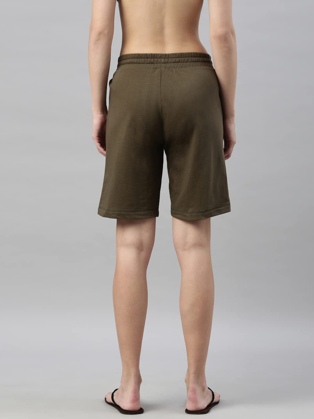 Enamor Essentials Women's Mid Rise Relaxed Fit 100% Cotton Knee Length Shorts Bermuda with Elasticated Waistband and Pockets - E080(E080-Army Green -L)