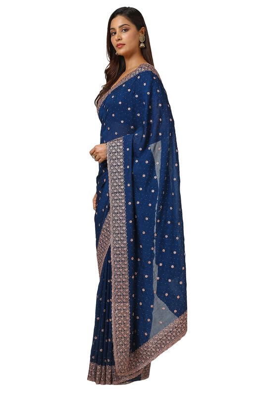 Soch Womens Navy Blue Floral Zari Embroidered Tussar Saree With Stone Work