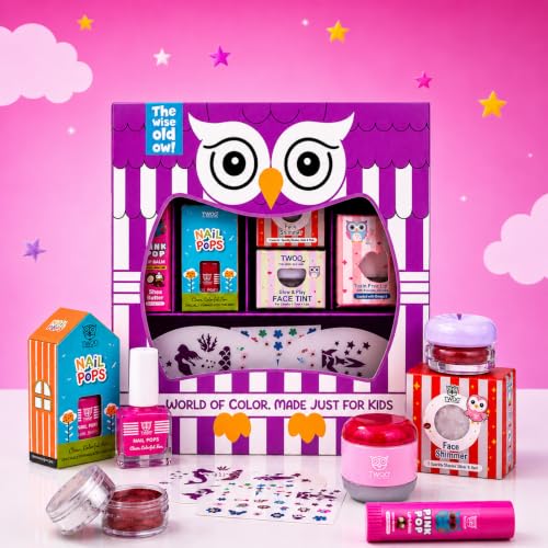 TWOO Kids Makeup Kit for Girls 3+ | Purple Owl Magic Box 8-Piece Washable Play Makeup Gift Set | Lip Balm, Lip Gloss, Nail Polish, Face Tint, Shimmer, Nail Stickers & Stencils | Birthday Gift