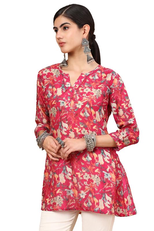 Soch Womens Fuchsia Floral Printed Notched Neck Silk Blend A-Line Tunic