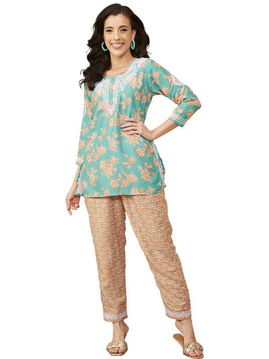 Ada Hand Embroidered Lucknowi Chikankari Muslin Short Kurti and Pant Set Co-ord Set for Women A811267 Green (L)