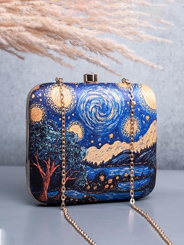 Artklim Blue Star Night Art Printed Golden Strap Quirky Box Clutch for Women - Sling Purse - Valentine’s Day Gift for Girlfriend