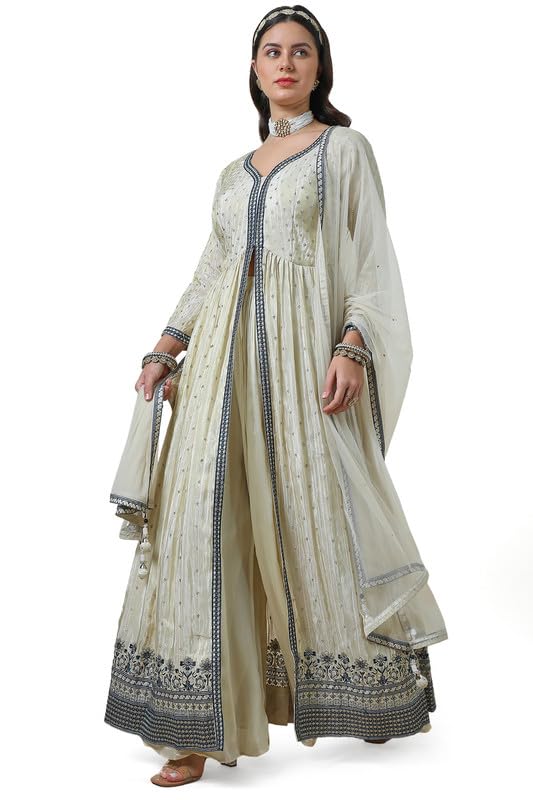 Soch Womens Beige Tissue Embroidered Alia Cut Suit Set with Sequins