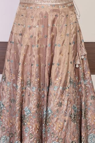 Aurelia Women's Rose Gold Embroidered Floral Zari Tissue A-line Crop Top with Skirt and Jacket Set - (AD10773-E609500-M)