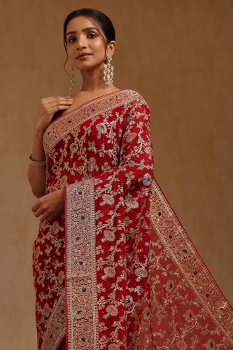Soch Womens Fuchsia Georgette Embroidered Saree With Stone Work