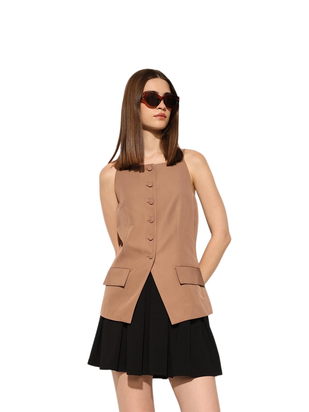 ONLY Women's Solid Regular Fit Light Brown Top