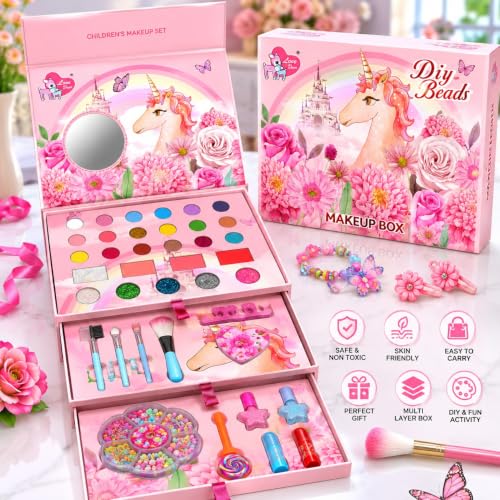 ZYCRONIX Kids Makeup Kit for Girls with DIY Beads, Multi-Layer Unicorn Makeup Box with Eyeshadow, Blush, Glitter, Lipstick, Lip Balm, Nail Polish, Brushes & Jewellery Making Set, Birthday Gift