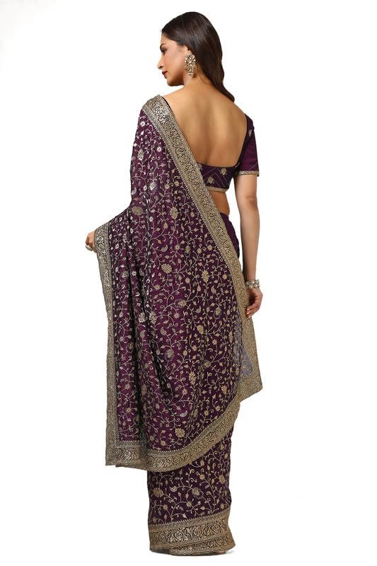 Soch Womens Wine Tussar Embroidered Saree With Stone Work