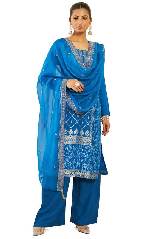 Soch Womens Blue Silk Unstitched Dress Material With Zari Woven Floral  Designs And Embroidery