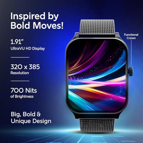 Fastrack New Limitless Classic|Large 1.91" Super UltraVU Display|Functional Crown|Highest 320x385 Pixel Resolution|SingleSync BT Calling|100+ Sports Modes|Metal Case Premium Smartwatch - Black Mesh