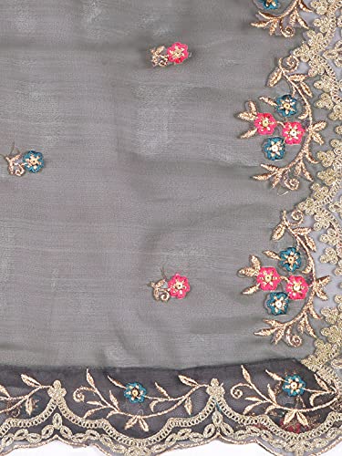 DUPATTA BAZAAR Women's Black Embroidered Glass Tissue Dupatta with Cutwork