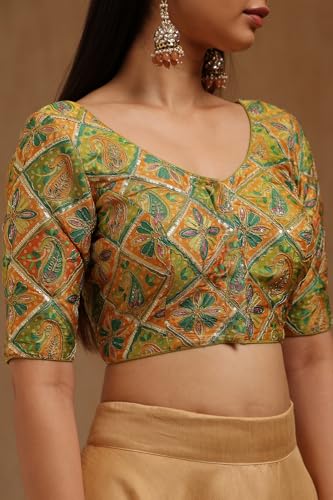 Soch Womens Olive Satin Ethnic Motif Padded Blouse with Sequins
