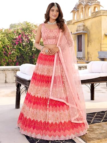 Zeel Clothing Women's Chinon Silk Embroidered Mirror Work Lehenga Choli with Dupatta (115-Pink-Women-New-Lehenga-Choli; Free Size; Pink)