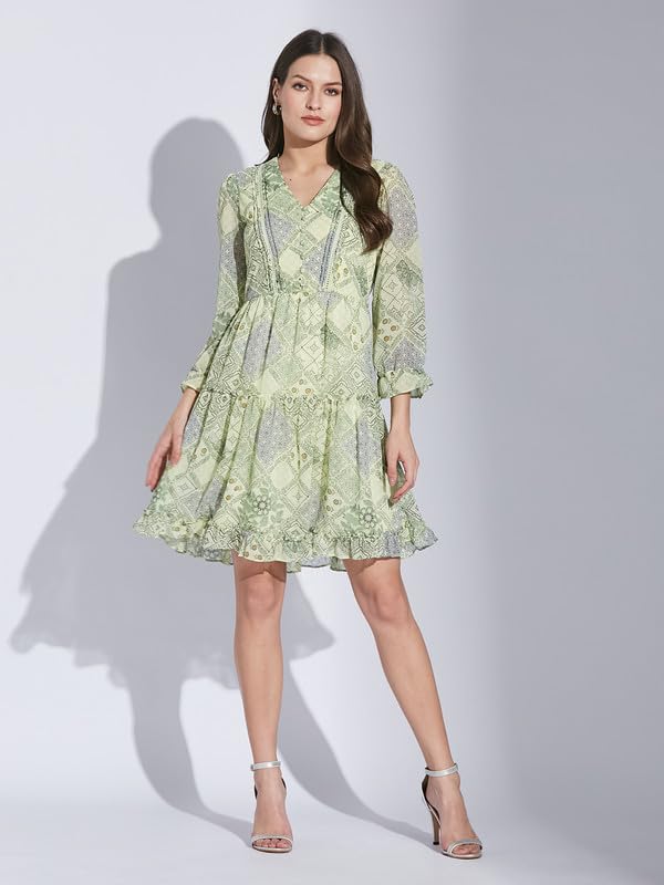 Latin Quarters Women Green V-Neck 3/4 Sleeve Printed Dress_M