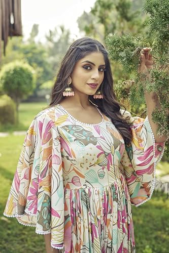 Samprag Rayon Gown for Women | Full Length | Printed | Fit & Flare | Flared & Bell Sleeves | Round Neck | Ethenic Dress | Ideal for Casual, Wedding & Party | Off-White & Sky Blue | S
