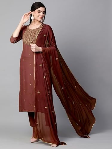 HF HOLYDAY FASHION Straight Cotton Blend Designer Embroidered Work Sweetheart Round Neck Kurta Set with Pant & Dupatta for Women Coffee