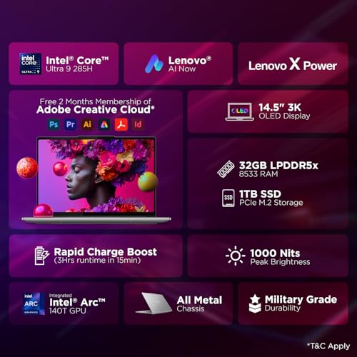 Lenovo Yoga Pro 7 Aura Edition Intel Evo Core Ultra 9 285H (32GB RAM/1TB SSD/14.5" (36.8cm)/3K OLED Touchscreen/AI PC/Copilot+ PC/Windows 11/Office Home 2024 AI Now/Grey/1.5Kg), 83KF001LIN