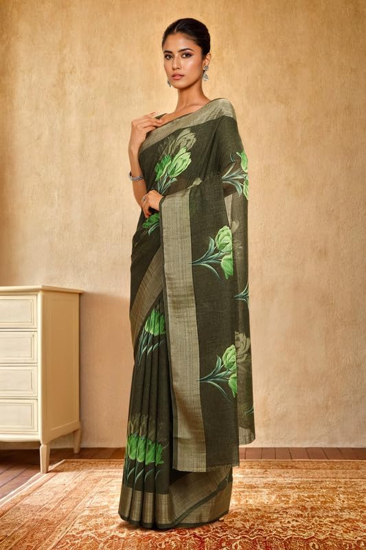 Soch Womens Green Linen Floral Print Saree