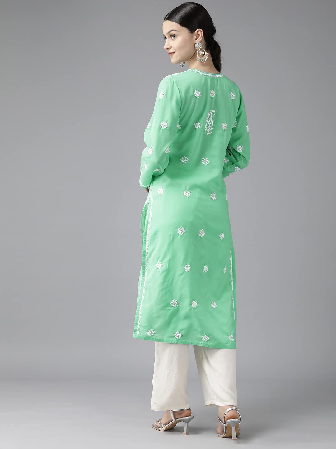 Ada Hand Embroidered Lucknowi Chikan Sea Green Cotton Kurta Kurti Tunic for Women A411418 (L)