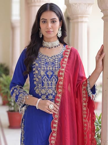 Leeli Peeri Designer Women's Chinon Silk Embroidery Kurta Palazzo and Dupatta Set