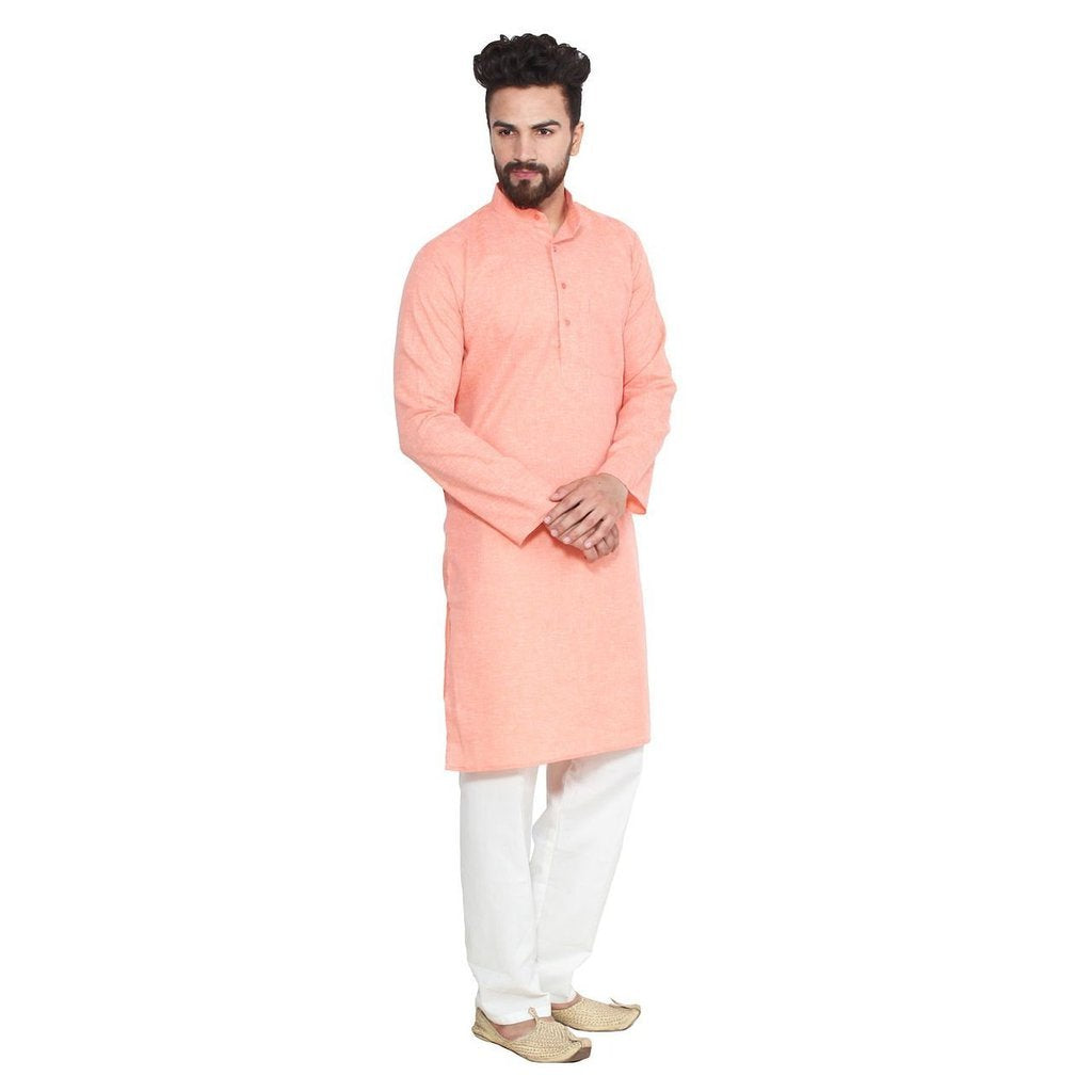 Royal Kurta Men's Super Luxury Linen Cotton Kurta Pyjama Set for Comfort Wear Peach