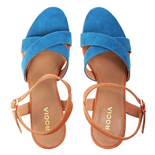 ROCIA Blue Criss Cross Strap Block Heels with Buckle Closure