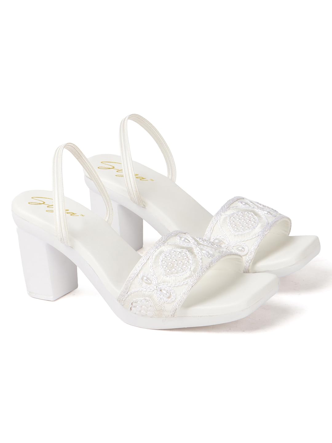 Handcrafted Embroidered Women Sandals with Square Toe, Mid Block Heel, and Supportive Back Strap for Ethnic Wear (White, UK Footwear Size System, Adult, Women, Numeric, Medium, 4)