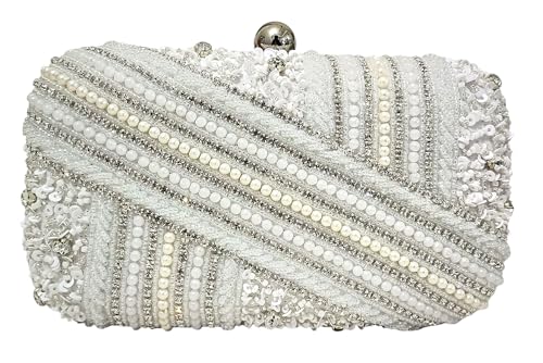DUCHESS White Pearl Embellished Clutch for Women | Sequin & Beaded Party Purse | Elegant Wedding Handbag for Girls | Stylish Bridal Accessory | Designer Evening Bag for Festive Occasions