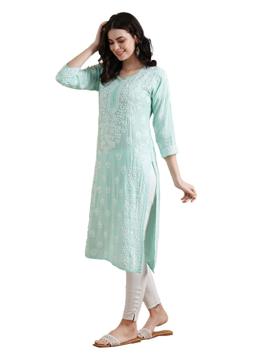 Ada Hand Embroidered Ethnic Wear Straight Modal Lucknow Chikankari Kurta Kurti Tunic for Women A411553 Sea Green (4XL)