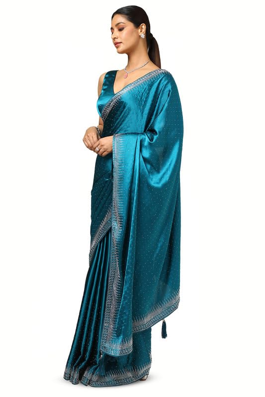 Soch Womens Teal Satin Embellished Saree With Stone Work