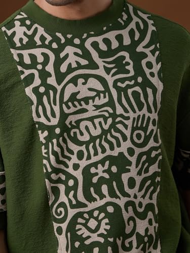 The Souled Store Nomad: Stone Carving Men and Boys Short Sleeves Round Neck Olive Graphic Printed Casual Drop Shoulder Streetwear Trendy Cotton Super Oversized T-Shirt