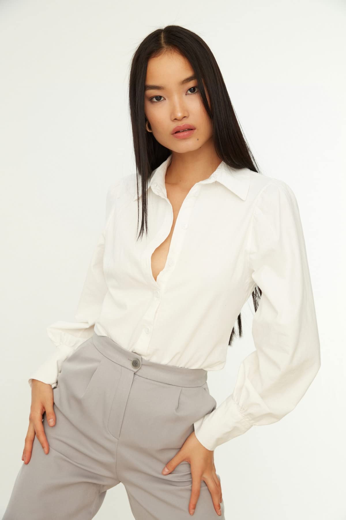 Trendyol Women Regular Basic Shirt Collar Woven Shirt, White, 42