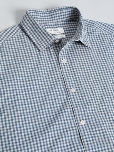 GO COLORS Collared Casual Check Shirt for Men | Pure Cotton, Full Sleeves, Regular Fit, Patch Pocket | (Dark Jean Blue, 44)