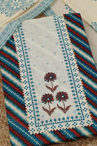 Soch Womens Blue Jam Cotton Striped Unstitch Dress Material With Thread Work