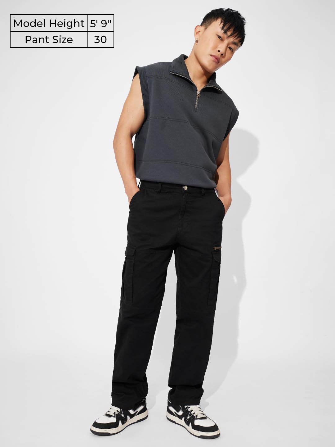 The Souled Store Solids: Black Men and Boys Buttoned Cotton Straight Fit Cargo Pants